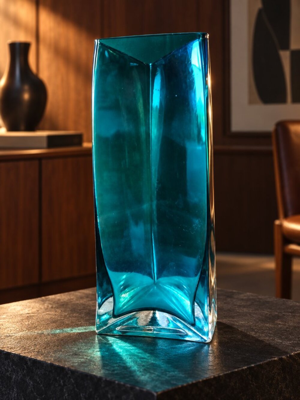Vintage Swedish Teal Triangular Art Glass Vase | Gunnar Ander Attribution